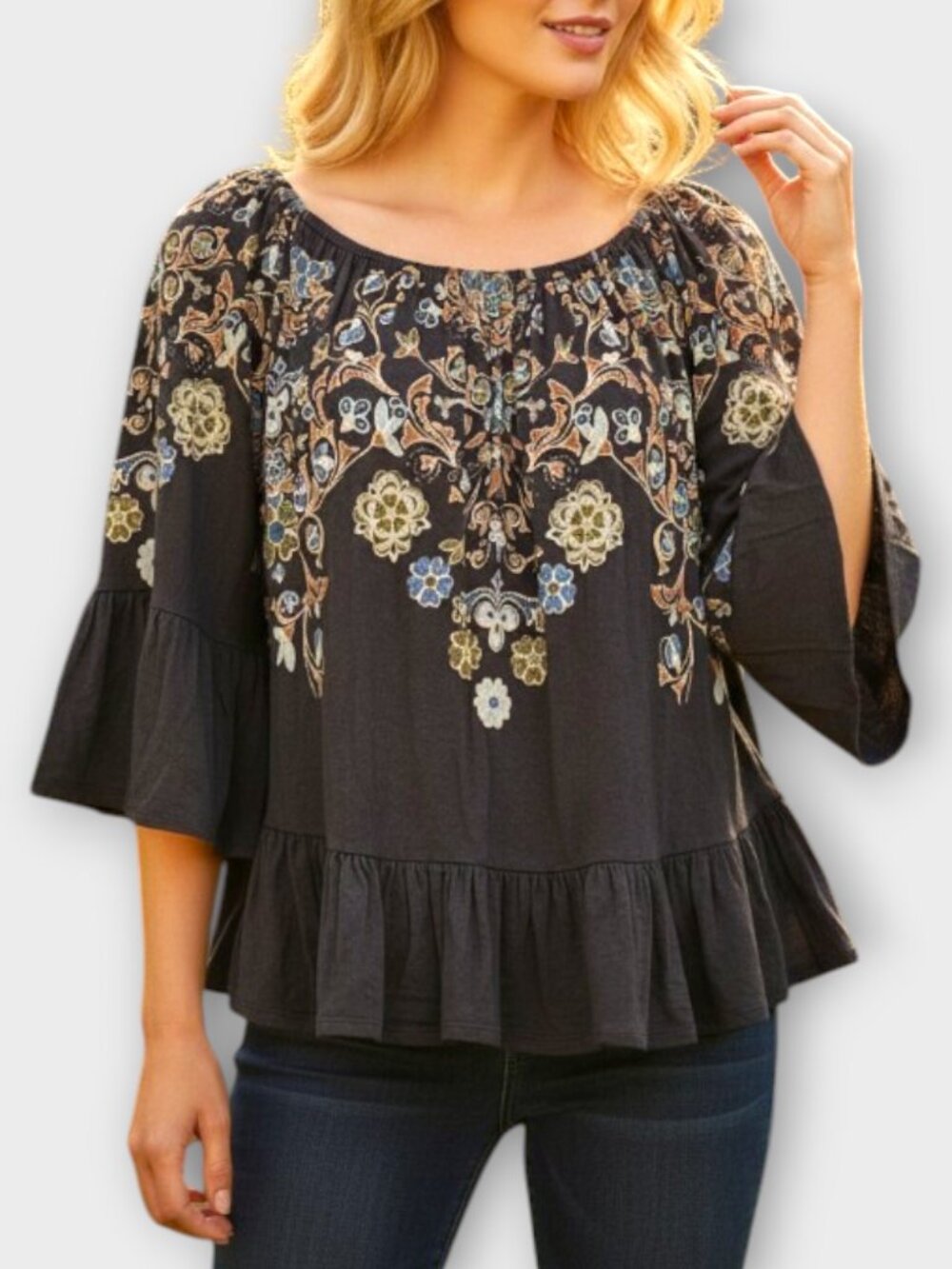 Ecote Urban Outfitters Floral Top Women’s XS Brown Off Shoulder Boho Ruffle